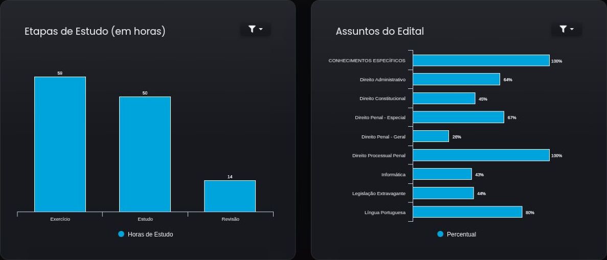 Exemplo real de gráficos de horas de estudo e avanço no edital