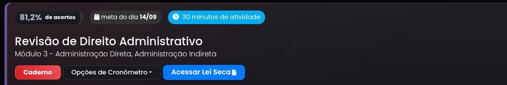 Meta de revisão de Direito Administrativo na plataforma em modo escuro